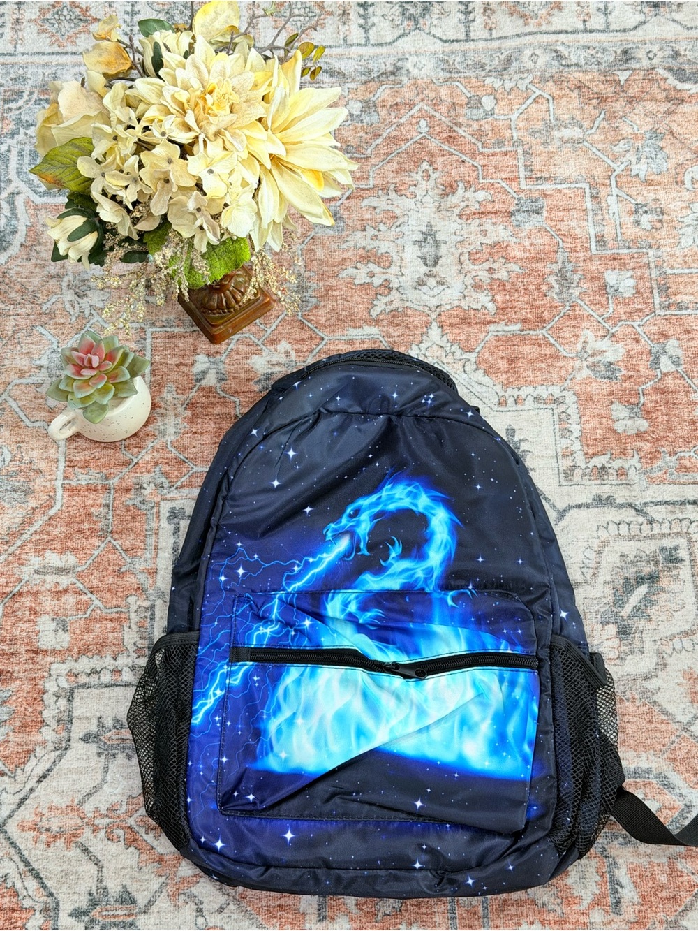 Blue Flame Dragon Graphic Backpack - Unbranded